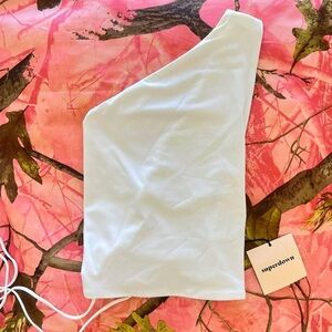 superdown revolve white one shoulder lace up tie crop top